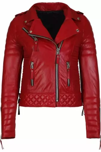 Women’s red lambskin leather jacket-slim fit quilted shoulder