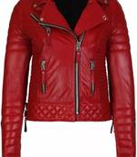 Women’s red lambskin leather jacket-slim fit quilted shoulder