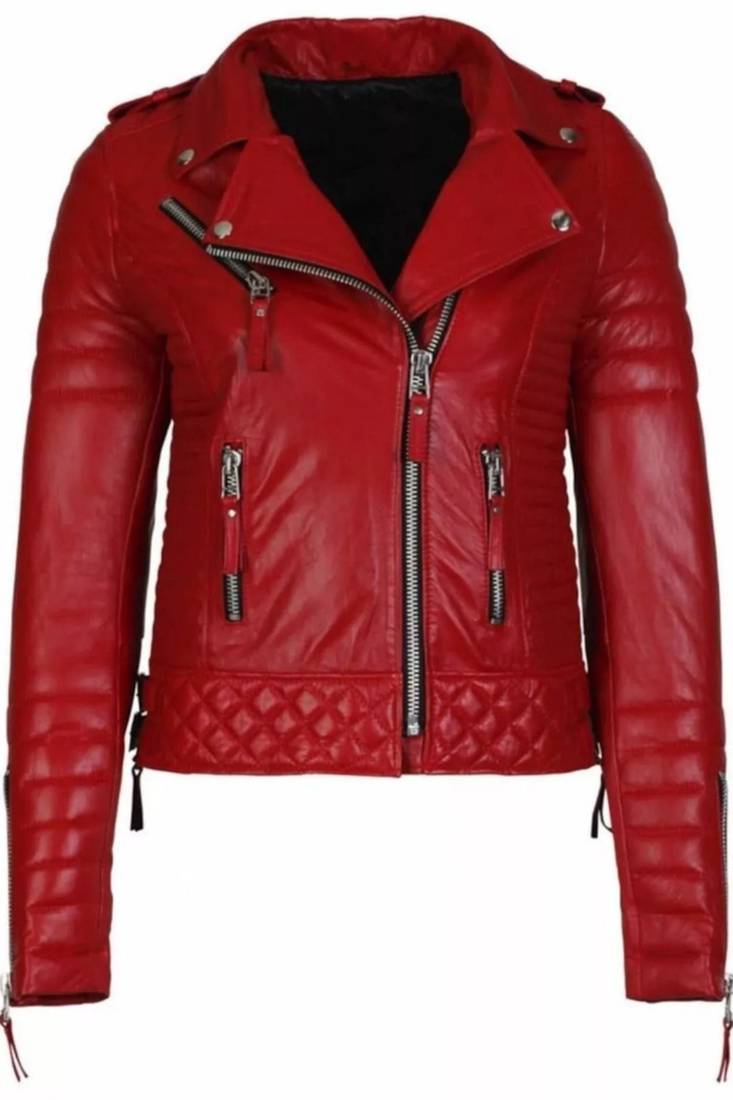 Women’s red lambskin leather jacket-slim fit quilted shoulder