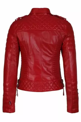 Women’s red lambskin leather jacket-slim fit quilted shoulder