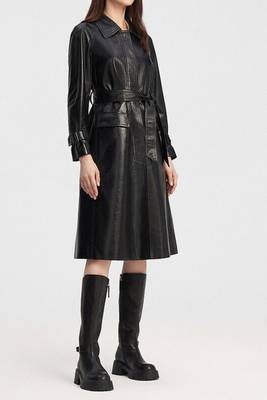 Women’s black belted full-length leather trench coat 1