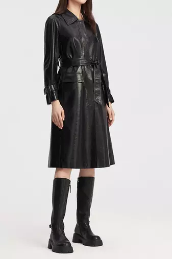 Women’s black belted full-length leather trench coat