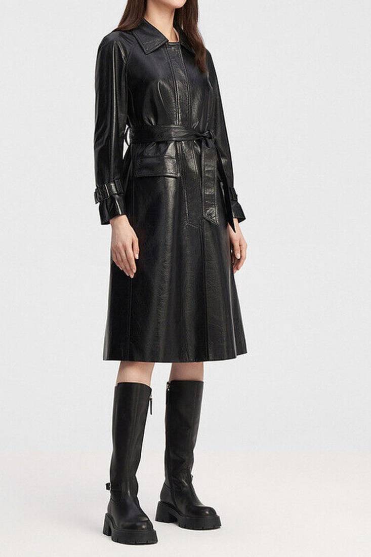 Women’s black belted full-length leather trench coat