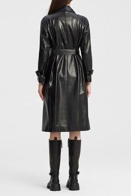 Women’s black belted full-length leather trench coat 2