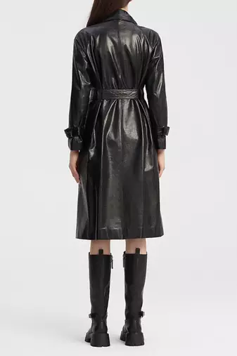 Women’s black belted full-length leather trench coat
