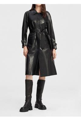 Women’s black belted full-length leather trench coat 3