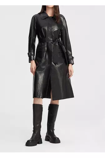 Women’s black belted full-length leather trench coat