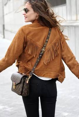 Women’s brown suede lambskin leather jacket- fringe detail biker stylish 3
