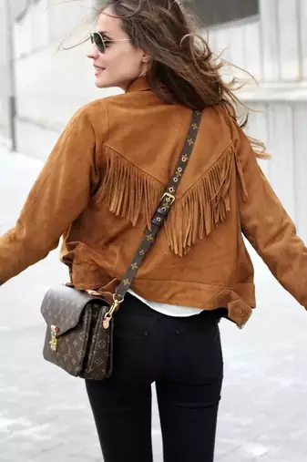 Women’s brown suede lambskin leather jacket- fringe detail biker stylish