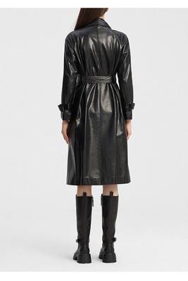 Women’s black belted full-length leather trench coat 4