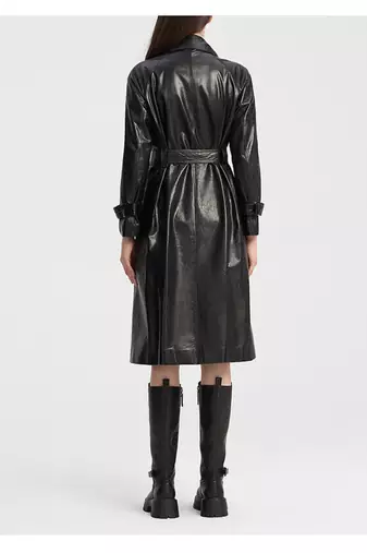 Women’s black belted full-length leather trench coat