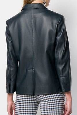 Women’s tailored leather blazer coat in deep navy blue 2