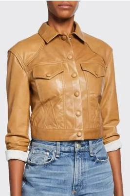 Women’s tan brown lambskin leather jacket- button detail biker stylish slim fit 1