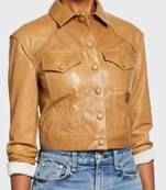 Women’s tan brown lambskin leather jacket- button detail biker stylish slim fit