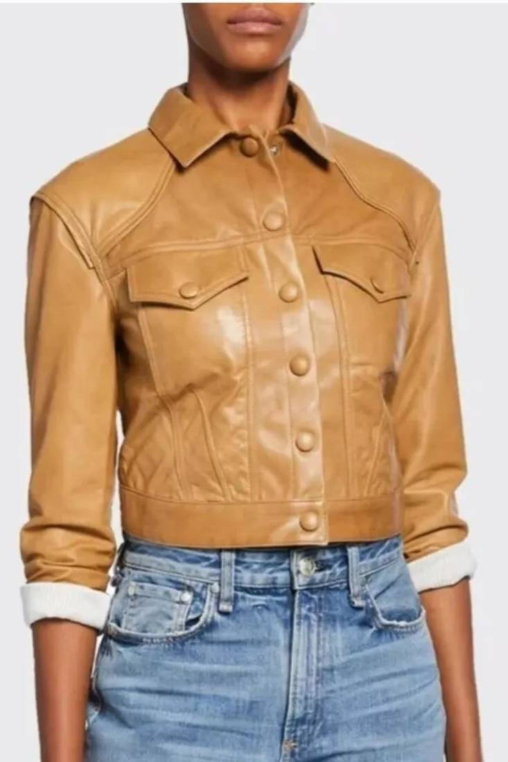 Women’s tan brown lambskin leather jacket- button detail biker stylish slim fit