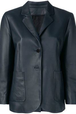 Women’s tailored leather blazer coat in deep navy blue 1