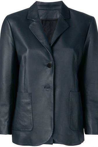 Women’s tailored leather blazer coat in deep navy blue