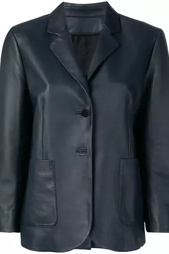 Women’s tailored leather blazer coat in deep navy blue