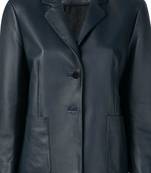 Women’s tailored leather blazer coat in deep navy blue