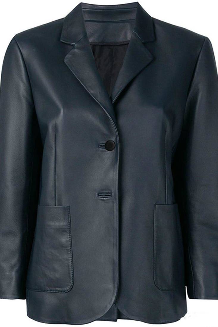 Women’s tailored leather blazer coat in deep navy blue