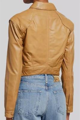Women’s tan brown lambskin leather jacket- button detail biker stylish slim fit 2