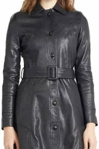 Women’s black belted button full-length safari-inspired leather trench coat