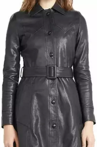 Women’s black belted button full-length safari-inspired leather trench coat
