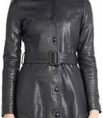 Women’s black belted button full-length safari-inspired leather trench coat