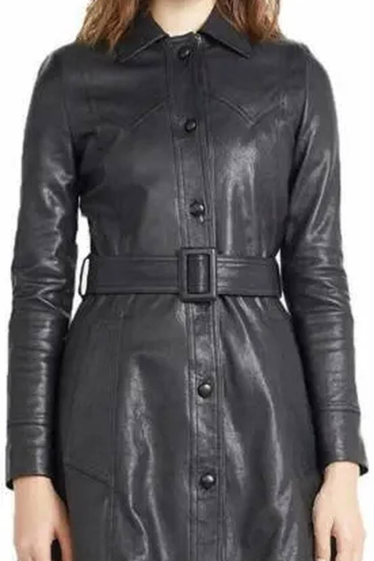 Women’s black belted button full-length safari-inspired leather trench coat