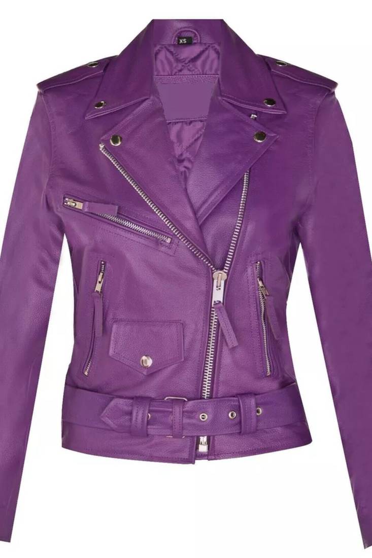 Women’s purple  lambskin leather jacket- multiple zipper & detail biker stylish look