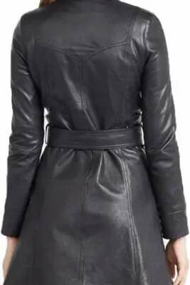 Women’s black belted button full-length safari-inspired leather trench coat 2