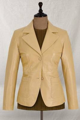 Women’s tailored beige leather blazer coat 1