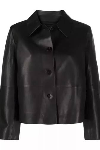 Women’s black lambskin button leather jacket-formal jacket