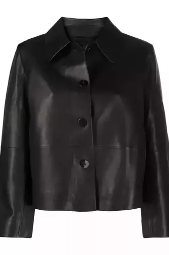 Women’s black lambskin button leather jacket-formal jacket