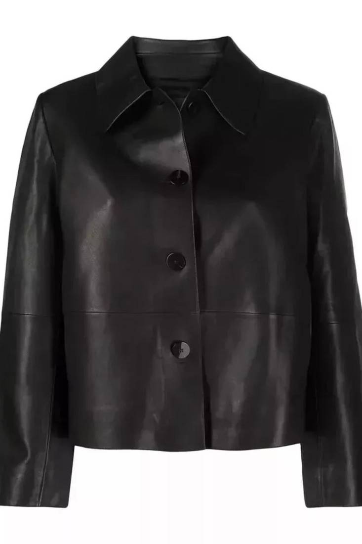 Women’s black lambskin button leather jacket-formal jacket