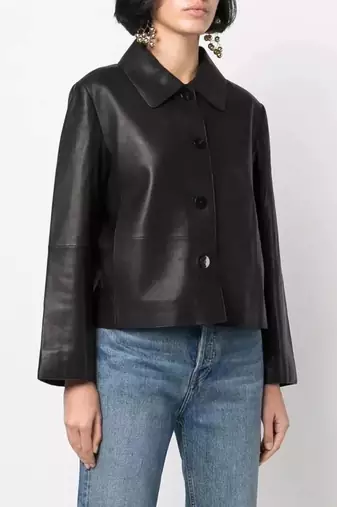 Women’s black lambskin button leather jacket-formal jacket