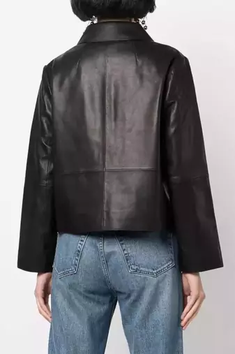 Women’s black lambskin button leather jacket-formal jacket