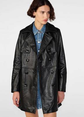 Women’s black mid-length trench style belted leather coat 1
