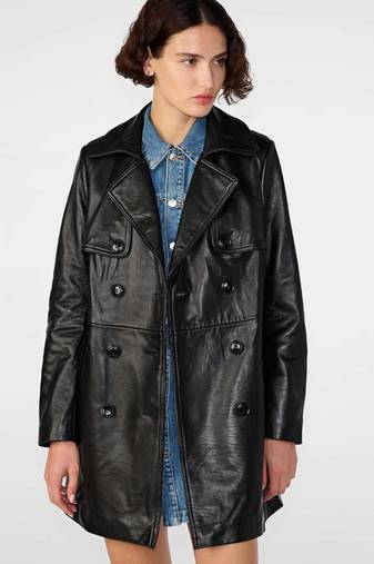 Women’s black mid-length trench style belted leather coat