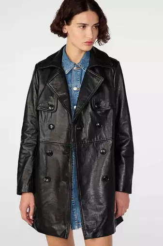 Women’s black mid-length trench style belted leather coat
