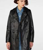 Women’s black mid-length trench style belted leather coat