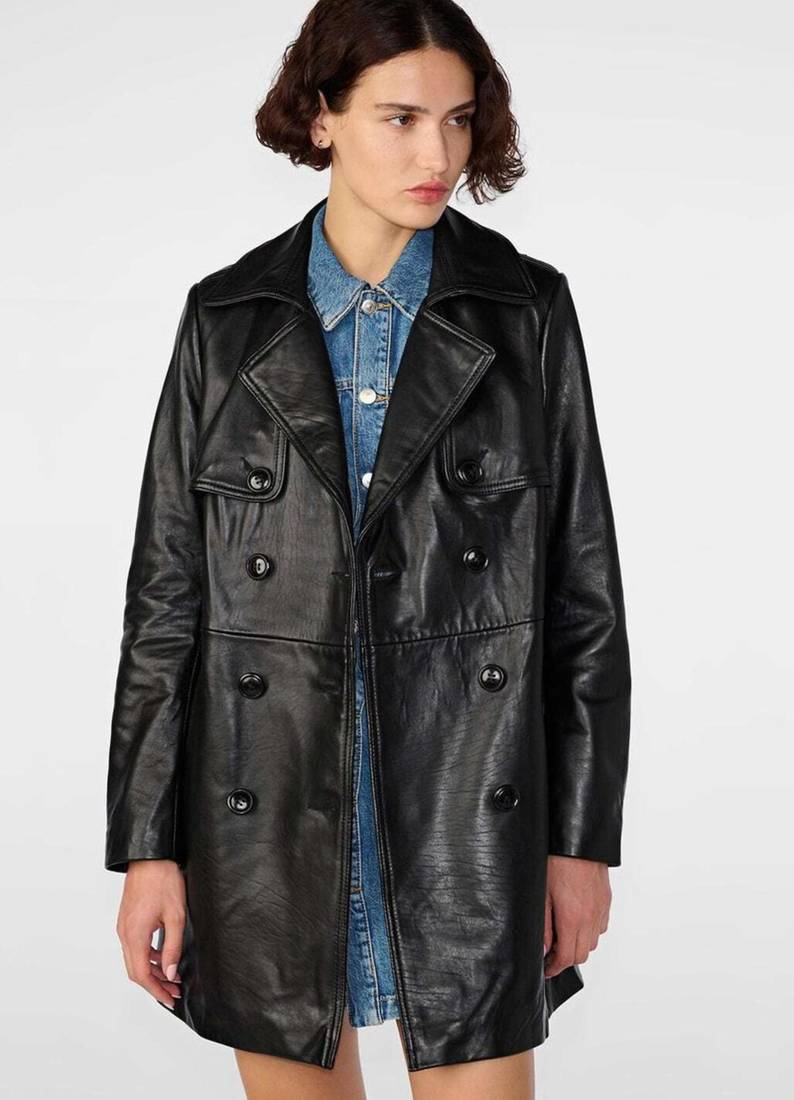 Women’s black mid-length trench style belted leather coat