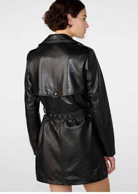 Women’s black mid-length trench style belted leather coat 2