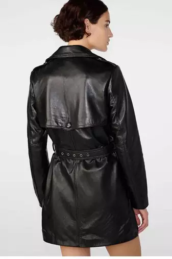 Women’s black mid-length trench style belted leather coat