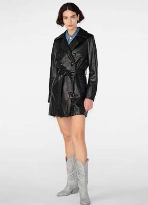 Women’s black mid-length trench style belted leather coat 3
