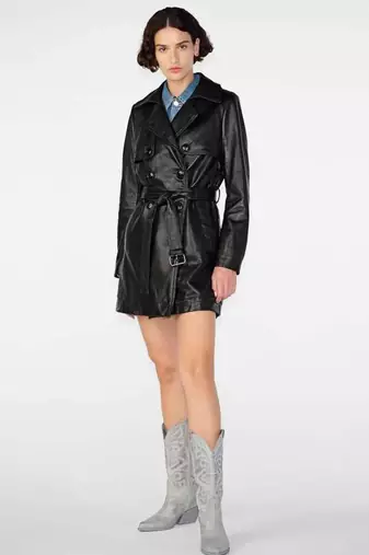 Women’s black mid-length trench style belted leather coat