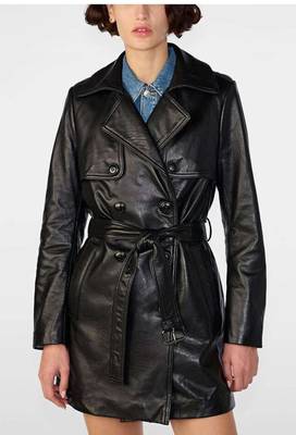 Women’s black mid-length trench style belted leather coat 4