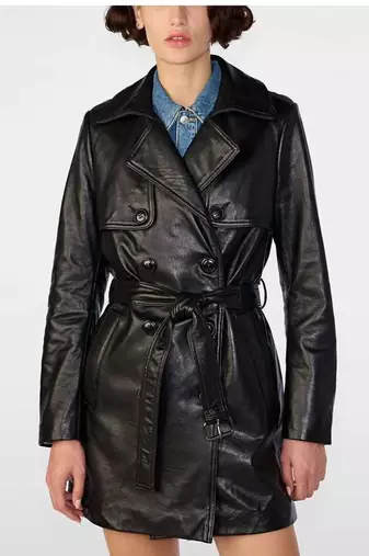 Women’s black mid-length trench style belted leather coat