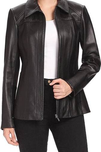 Women’s black formal trench style zipper leather coat