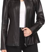 Women’s black formal trench style zipper leather coat
